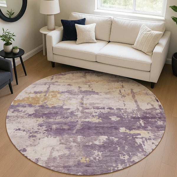 HomeRoots 8' Modern Abstract Round Area Rug in Plum, Ivory & Gold – Washable, Durable & Versatile for Indoors/Outdoors 688935