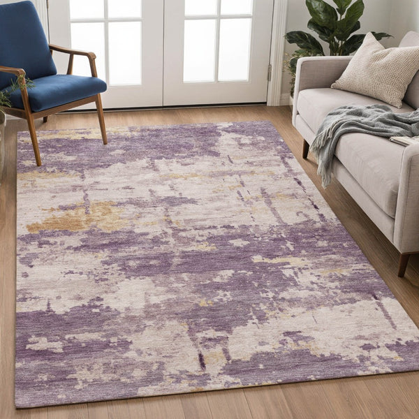 HomeRoots 10' Modern Plum, Ivory & Gold Abstract Washable Area Rug – Durable for Indoor & Outdoor Elegance 688938
