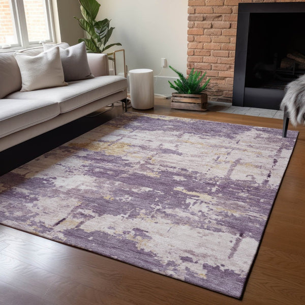 HomeRoots 10' Modern Plum, Ivory & Gold Abstract Washable Area Rug – Durable for Indoor & Outdoor Elegance 688938