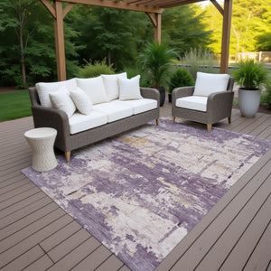 HomeRoots 10' Modern Plum, Ivory & Gold Abstract Washable Area Rug – Durable for Indoor & Outdoor Elegance 688938