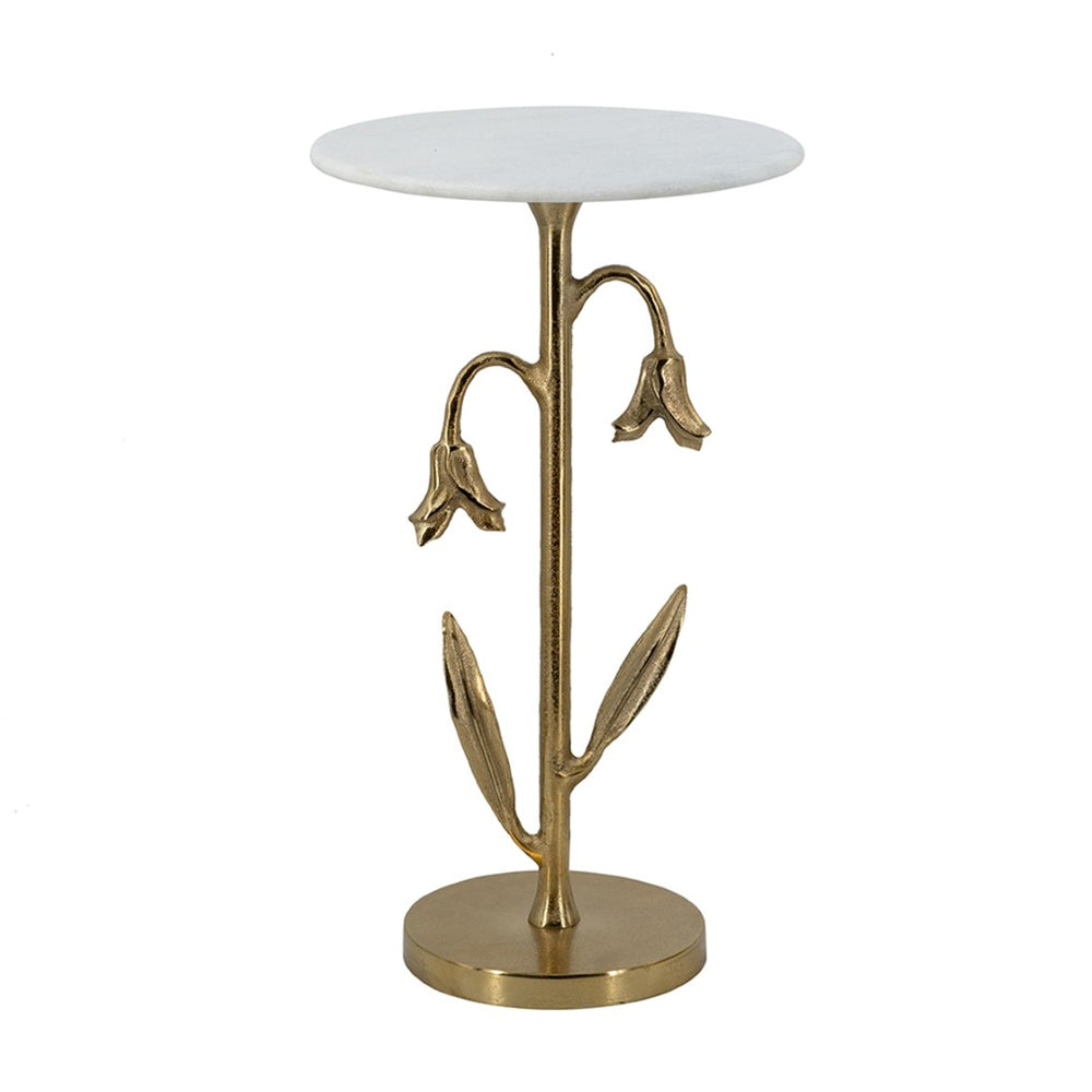 English Elm 14x14x24" Gold Tulip Aluminum Side Table with Veined White Marble Top for Elegant Rooms W2078P461590