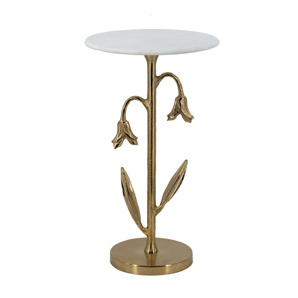 English Elm 14x14x24" Gold Tulip Aluminum Side Table with Veined White Marble Top for Elegant Rooms W2078P461590