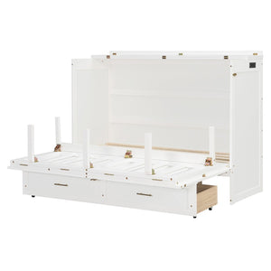 English Elm Queen Murphy Wall Bed Cabinet with Storage Drawer Built-in Power Outlets Usb Ports White LP000400AAK-1