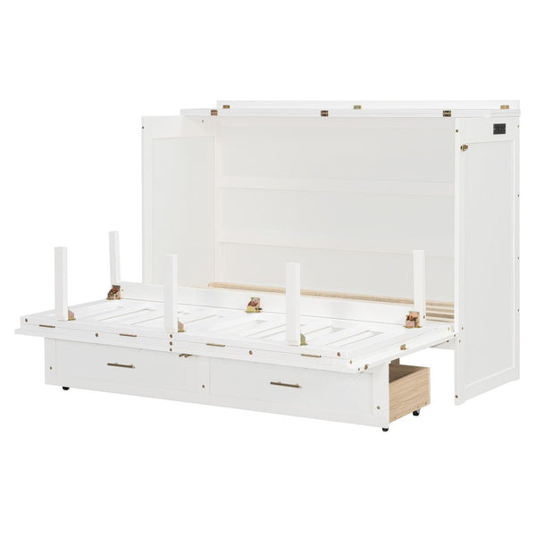 English Elm Queen Murphy Wall Bed Cabinet with Storage Drawer Built-in Power Outlets Usb Ports White LP000400AAK-1