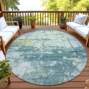 HomeRoots 8' Teal Blue Ivory and Gold Round Rug – Modern Abstract Design, Washable for Indoor/Outdoor Use 688953