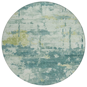 HomeRoots 8' Teal Blue Ivory and Gold Round Rug – Modern Abstract Design, Washable for Indoor/Outdoor Use 688953