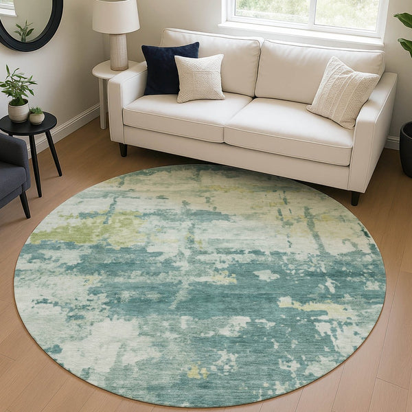 HomeRoots 8' Teal Blue Ivory and Gold Round Rug – Modern Abstract Design, Washable for Indoor/Outdoor Use 688953