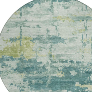 HomeRoots 8' Teal Blue Ivory and Gold Round Rug – Modern Abstract Design, Washable for Indoor/Outdoor Use 688953