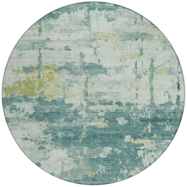 HomeRoots 8' Teal Blue Ivory and Gold Round Rug – Modern Abstract Design, Washable for Indoor/Outdoor Use 688953