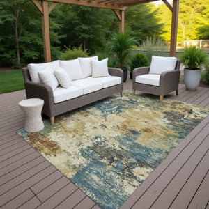HomeRoots 5' X 8' Washable Beige, Blue & Gray Abstract Area Rug - Durable Indoor/Outdoor Comfort & Style 688958