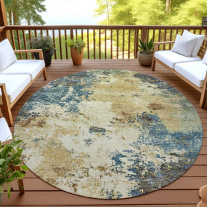 HomeRoots 8' Modern Round Abstract Rug in Beige, Blue & Gray – Washable Indoor/Outdoor Accent for High Traffic Areas 688959