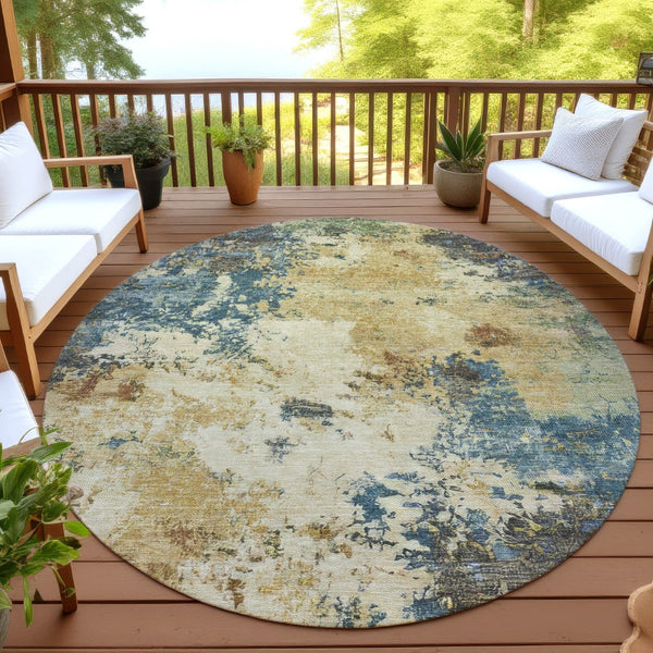 HomeRoots 8' Modern Round Abstract Rug in Beige, Blue & Gray – Washable Indoor/Outdoor Accent for High Traffic Areas 688959