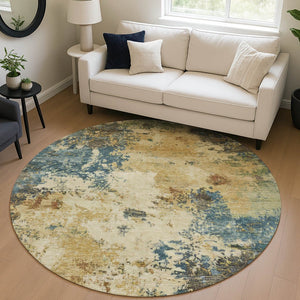 HomeRoots 8' Modern Round Abstract Rug in Beige, Blue & Gray – Washable Indoor/Outdoor Accent for High Traffic Areas 688959