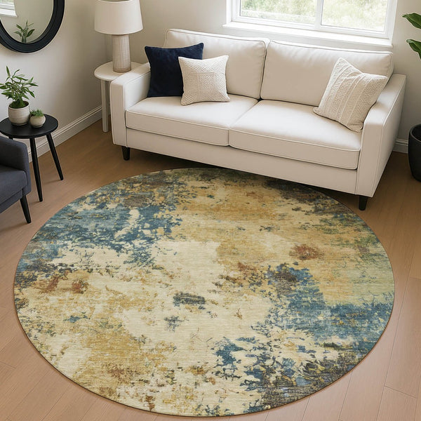 HomeRoots 8' Modern Round Abstract Rug in Beige, Blue & Gray – Washable Indoor/Outdoor Accent for High Traffic Areas 688959
