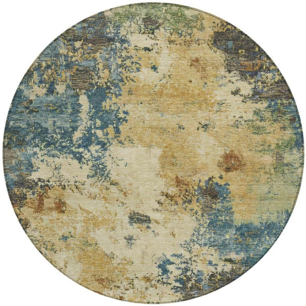 HomeRoots 8' Modern Round Abstract Rug in Beige, Blue & Gray – Washable Indoor/Outdoor Accent for High Traffic Areas 688959
