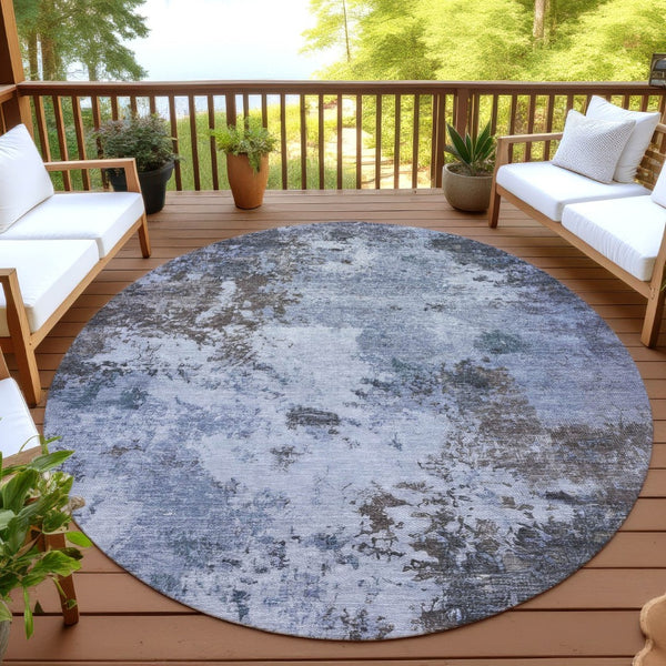 HomeRoots 8' Round Abstract Area Rug in Blue & Gray - Washable, Durable, Indoor/Outdoor, Modern Design! 688965
