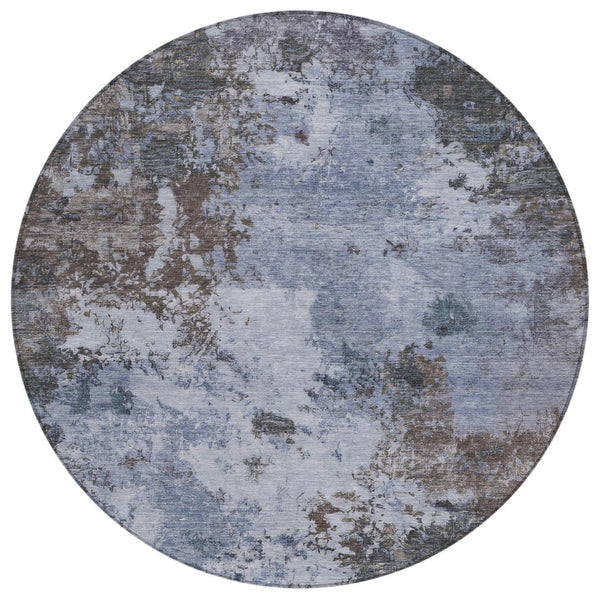 HomeRoots 8' Round Abstract Area Rug in Blue & Gray - Washable, Durable, Indoor/Outdoor, Modern Design! 688965