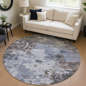 HomeRoots 8' Round Abstract Area Rug in Blue & Gray - Washable, Durable, Indoor/Outdoor, Modern Design! 688965