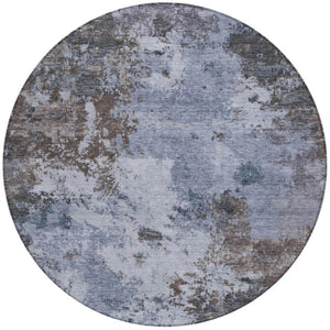 HomeRoots 8' Round Abstract Area Rug in Blue & Gray - Washable, Durable, Indoor/Outdoor, Modern Design! 688965