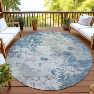 HomeRoots 8' Denim Blue and Gray Round Abstract Area Rug - Durable, Washable, Modern Design for Indoor/Outdoor Use 688971