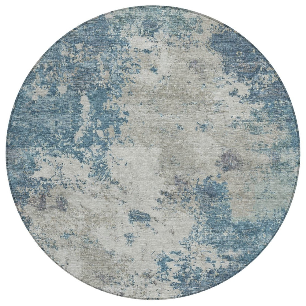 HomeRoots 8' Denim Blue and Gray Round Abstract Area Rug - Durable, Washable, Modern Design for Indoor/Outdoor Use 688971