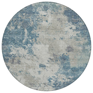 HomeRoots 8' Denim Blue and Gray Round Abstract Area Rug - Durable, Washable, Modern Design for Indoor/Outdoor Use 688971