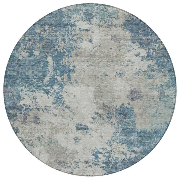HomeRoots 8' Denim Blue and Gray Round Abstract Area Rug - Durable, Washable, Modern Design for Indoor/Outdoor Use 688971