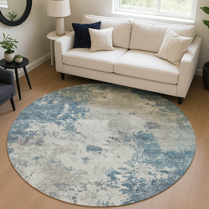HomeRoots 8' Denim Blue and Gray Round Abstract Area Rug - Durable, Washable, Modern Design for Indoor/Outdoor Use 688971