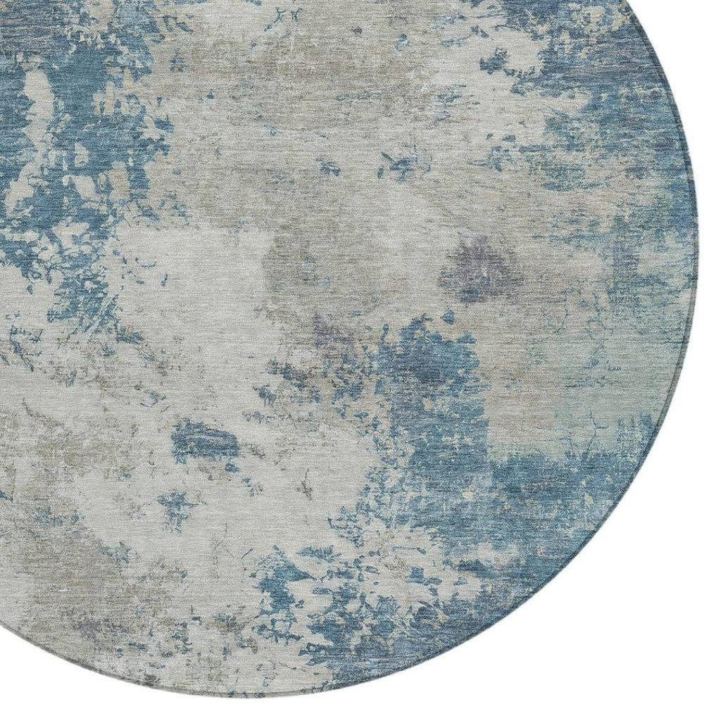 HomeRoots 8' Denim Blue and Gray Round Abstract Area Rug - Durable, Washable, Modern Design for Indoor/Outdoor Use 688971