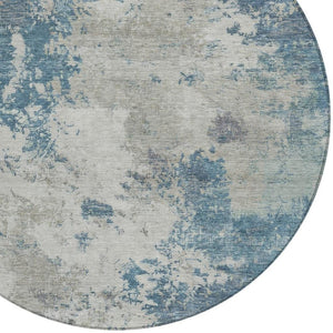 HomeRoots 8' Denim Blue and Gray Round Abstract Area Rug - Durable, Washable, Modern Design for Indoor/Outdoor Use 688971