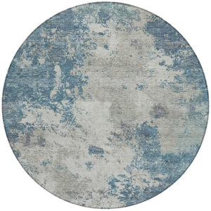 HomeRoots 8' Denim Blue and Gray Round Abstract Area Rug - Durable, Washable, Modern Design for Indoor/Outdoor Use 688971