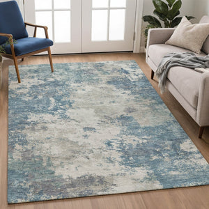 HomeRoots 8' X 10' Denim Blue & Gray Abstract Washable Area Rug - Stylish, Durable for Indoor & Outdoor Use! 688972