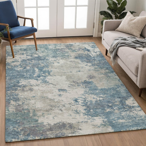 HomeRoots 8' X 10' Denim Blue & Gray Abstract Washable Area Rug - Stylish, Durable for Indoor & Outdoor Use! 688972