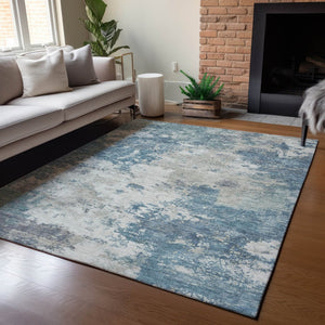 HomeRoots 9' X 12' Denim Blue and Gray Abstract Washable Area Rug - Durable, Stylish, Indoor/Outdoor Versatility! 688973
