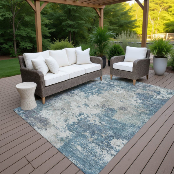 HomeRoots 9' X 12' Denim Blue and Gray Abstract Washable Area Rug - Durable, Stylish, Indoor/Outdoor Versatility! 688973