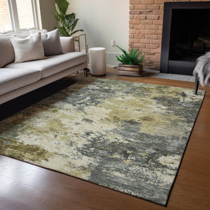 HomeRoots 9' X 12' Stylish Pewter and Gold Abstract Washable Area Rug for Indoor/Outdoor Versatility 688979
