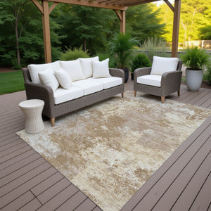 HomeRoots 10' Brown & Beige Abstract Washable Area Rug - Stylish Indoor/Outdoor Design, Stain-Resistant! 688998