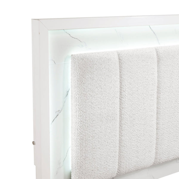 English Elm Glam Queen Bed Chenille Headboard with Led Lighting Faux Marble Chrome Legs B011S02252