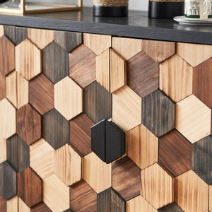 English Elm Distressed Honeycomb Storage Cabinet with Wood Knobs, Mid-Century Modern Sideboard Buffet in Black Brown W3040P382292