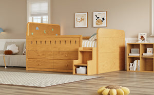 English Elm Wooden Full Bed Frame with Led Headboard Four Storage Drawers and Ladder Shelf Wood N7090004028D