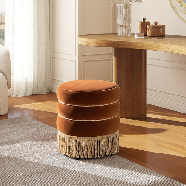 English Elm Jennifer Taylor Home - Edward 17.5" Round Upholstered Ottoman with Bullion Fringe — Vintage Luxe Seat, Footrest & Accent Piece Burnt Orange B2719P320842
