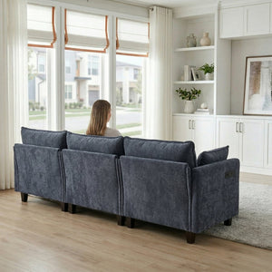 English Elm Modern Chenille Three Seat Sofa with Ottoman Usb Charging Ports and Storage Pockets Blue W2519S00004