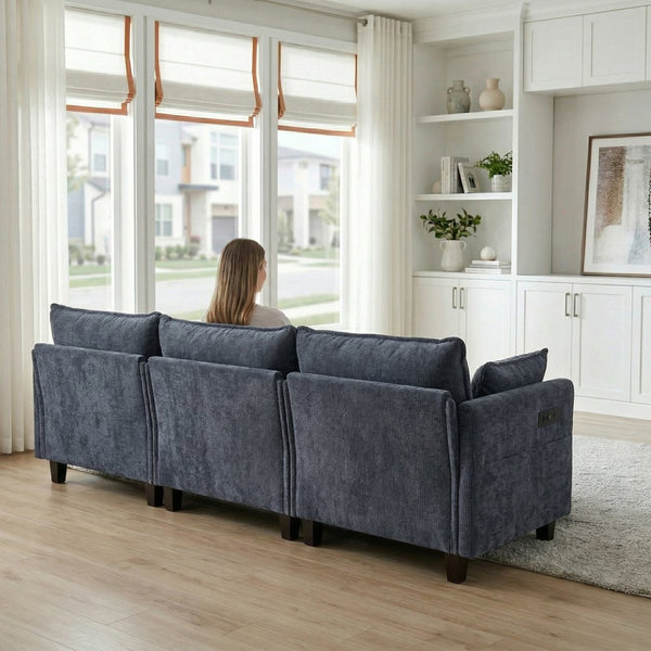 English Elm Modern Chenille Three Seat Sofa with Ottoman Usb Charging Ports and Storage Pockets Blue W2519S00004
