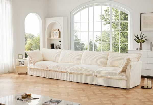 English Elm Slipcovered 4-Seater Sofa In Cream Corduroy, Cloud-Like Comfort, Removable Covers, Modular Design W3041S00024-GIGA