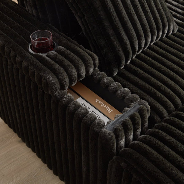 English Elm 84Inch Corduroy sofa with deep seats, 3 back pillows, 2 toss pillows, ottomans, cup grooves, storage Black W834S00356