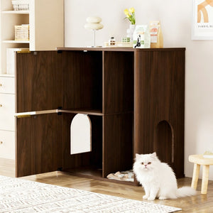 English Elm 31.5-inch Grooved Wood Cat Litter Cabinet with Integrated Tree Mid-century Pet Furniture Walnut W1162P407684