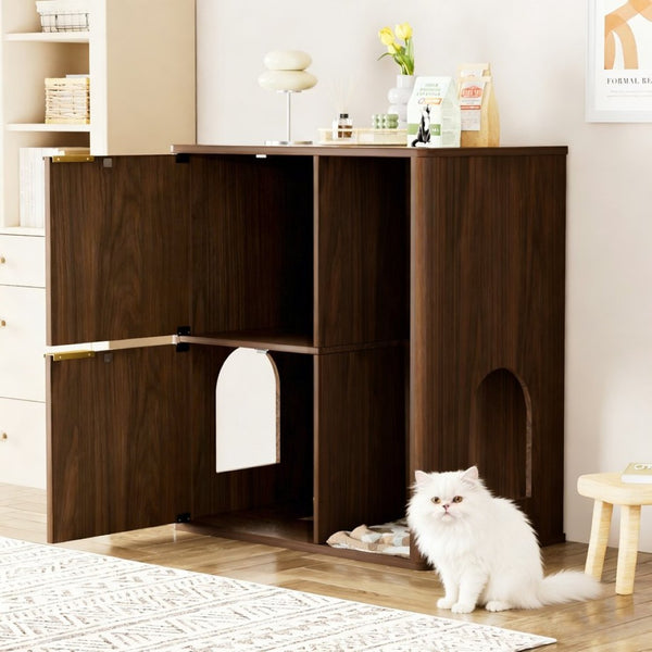 English Elm 31.5-inch Grooved Wood Cat Litter Cabinet with Integrated Tree Mid-century Pet Furniture Walnut W1162P407684