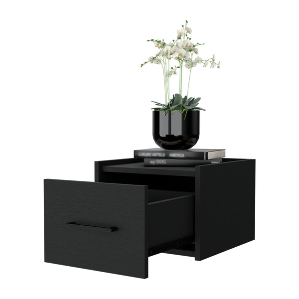 English Elm Elfrida Wall Mount Nightstand in Black — Sleek Single Drawer, Two-Tier Shelf, Space-Saving Modern Design B128P176108