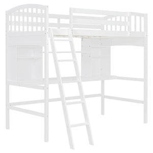 English Elm Twin Loft Bed with Built-in Desk Corner Shelves and Ladder Solid Pine White Frame LT100140KAA