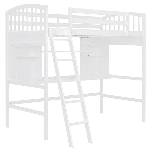English Elm Twin Loft Bed with Built-in Desk Corner Shelves and Ladder Solid Pine White Frame LT100140KAA